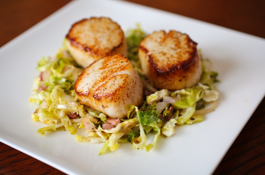 scallops with Brussels Sprout Leaves
