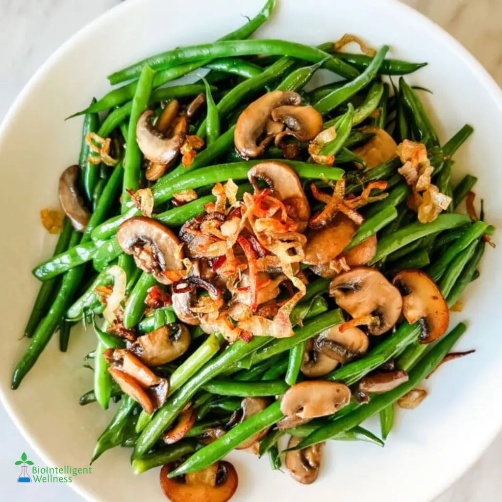 Green Beans and Mushrooms with Crispy Shallots - BioIntelligent Wellness