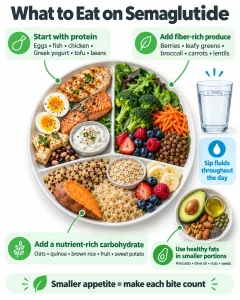 Semaglutide meal formula showing protein, fiber-rich produce, nutrient-rich carbohydrates, healthy fats in moderate portions and regular hydration.