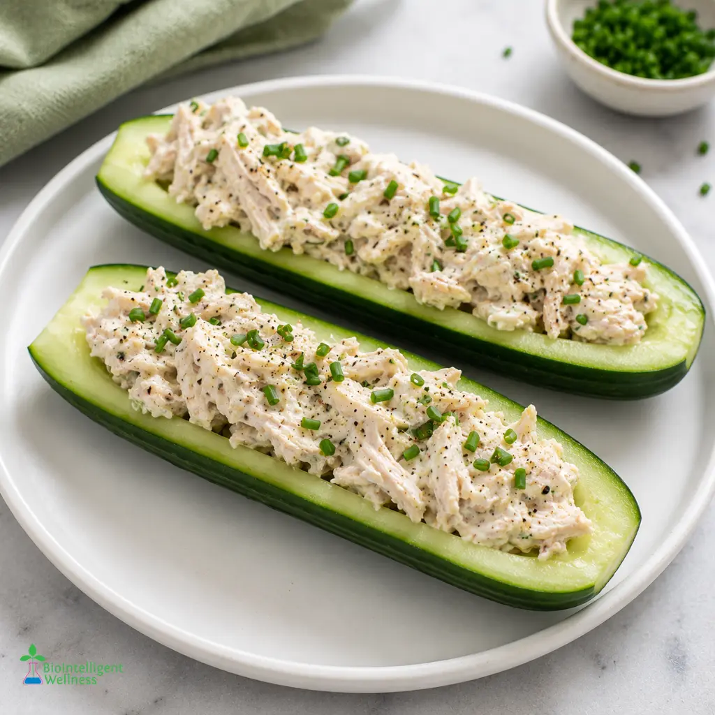 Chicken Salad Stuffed Cucumber Boats