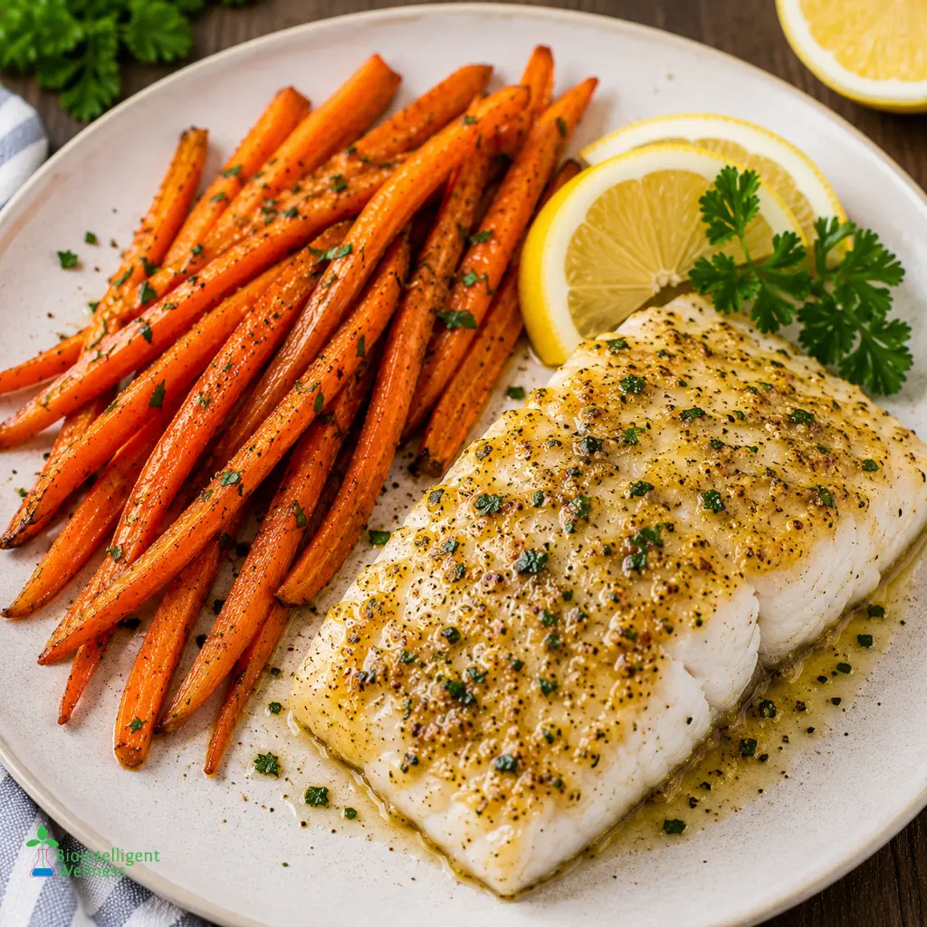 Lemon Herb Dijon Cod with Roasted Carrots