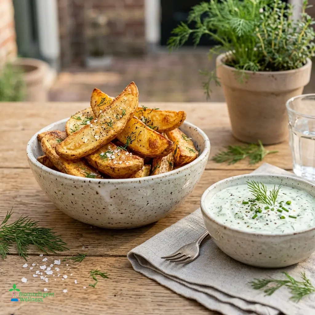 Crispy Potato Wedges with Dill Yogurt Dip