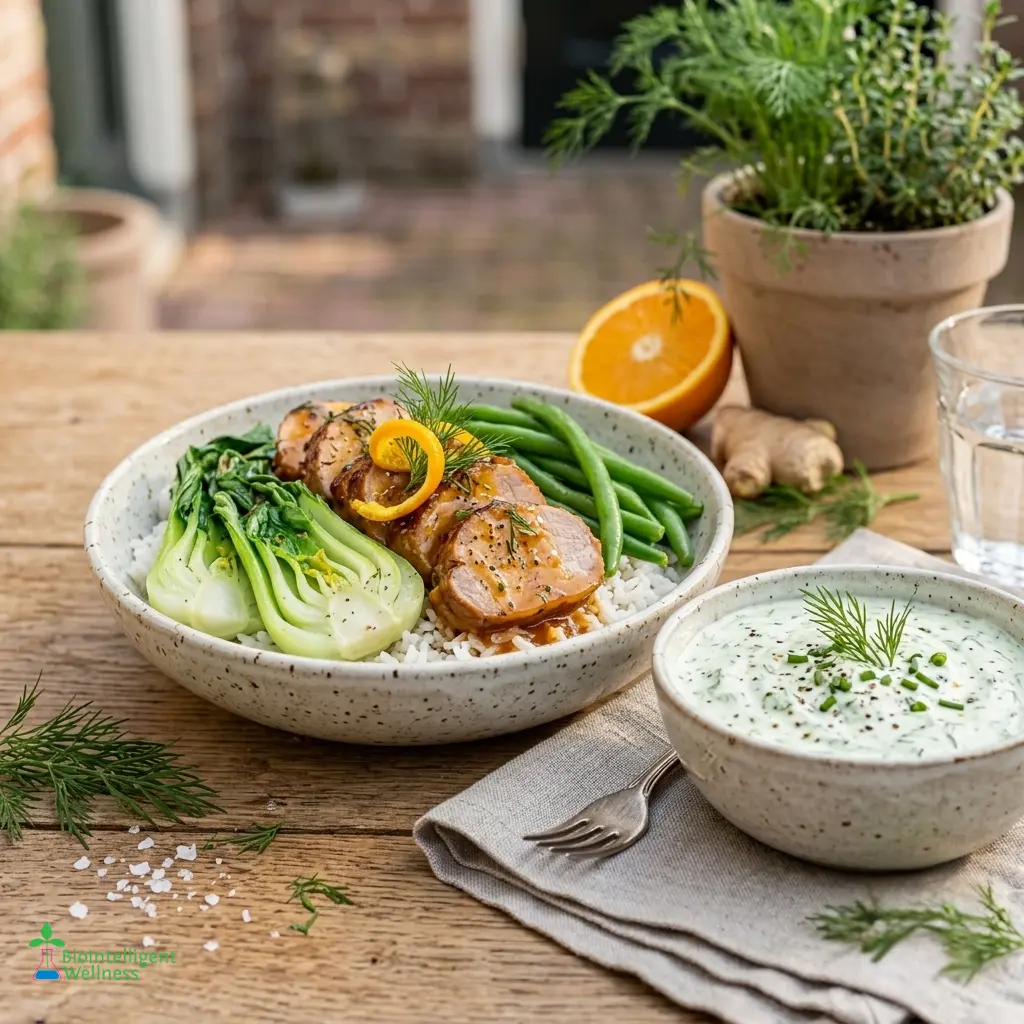 Orange Ginger Pork Tenderloin with Bok Choy & Green Beans