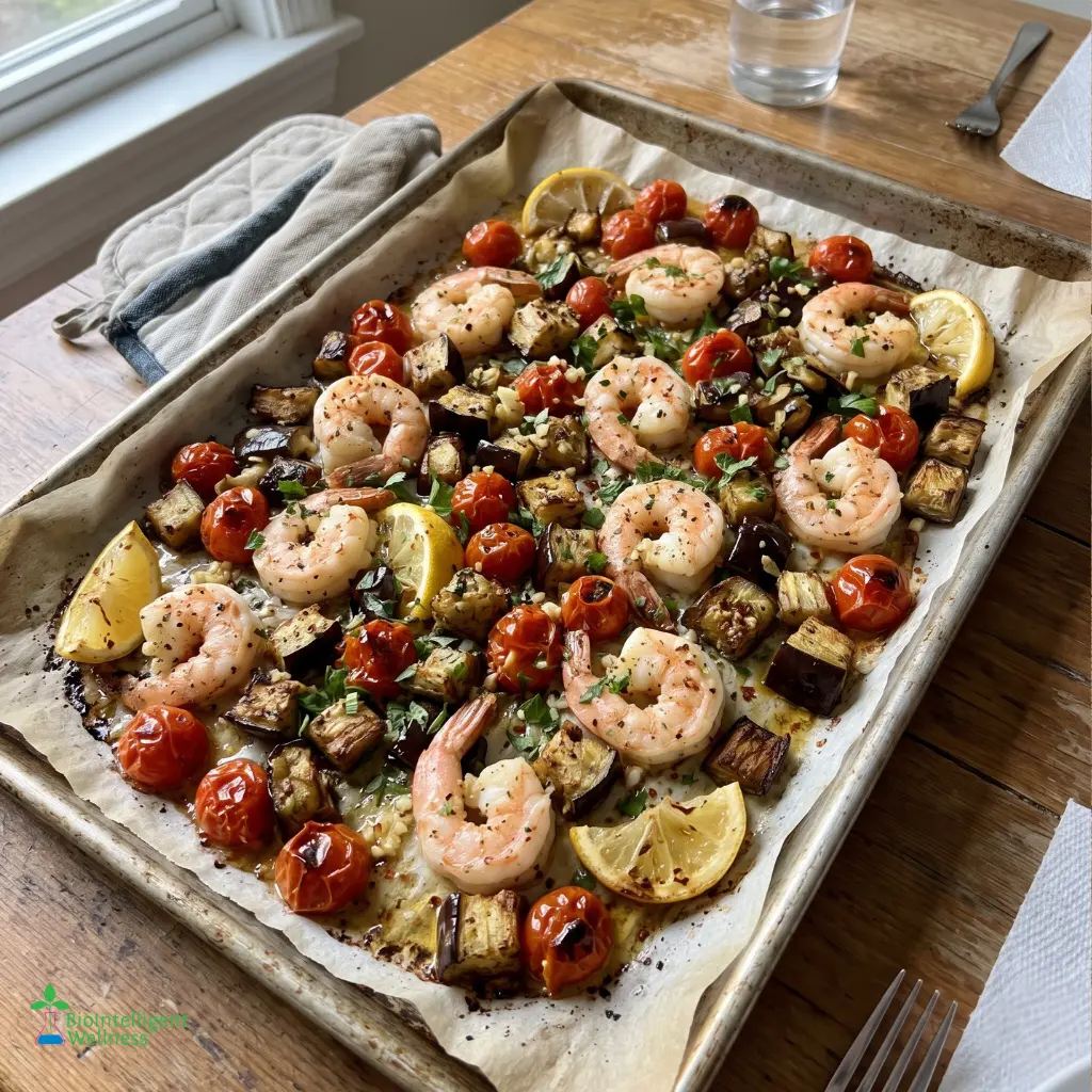 Lemon Garlic Shrimp & Roasted Eggplant Sheet Pan