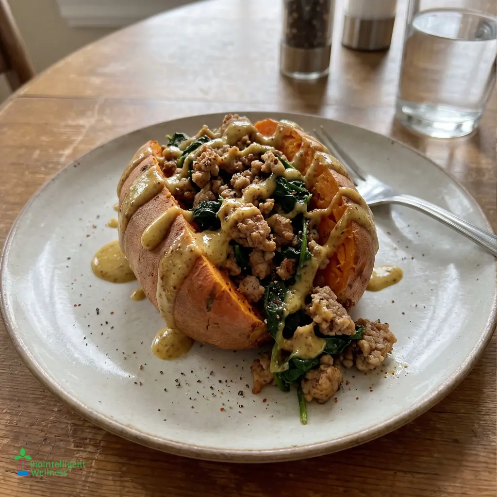 Turkey & Spinach Stuffed Sweet Potato with Mustard Drizzle